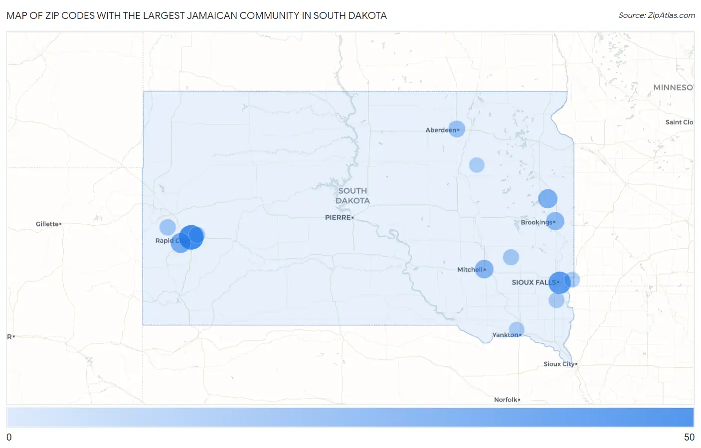 Zip Codes with the Largest Jamaican Community in South Dakota Map