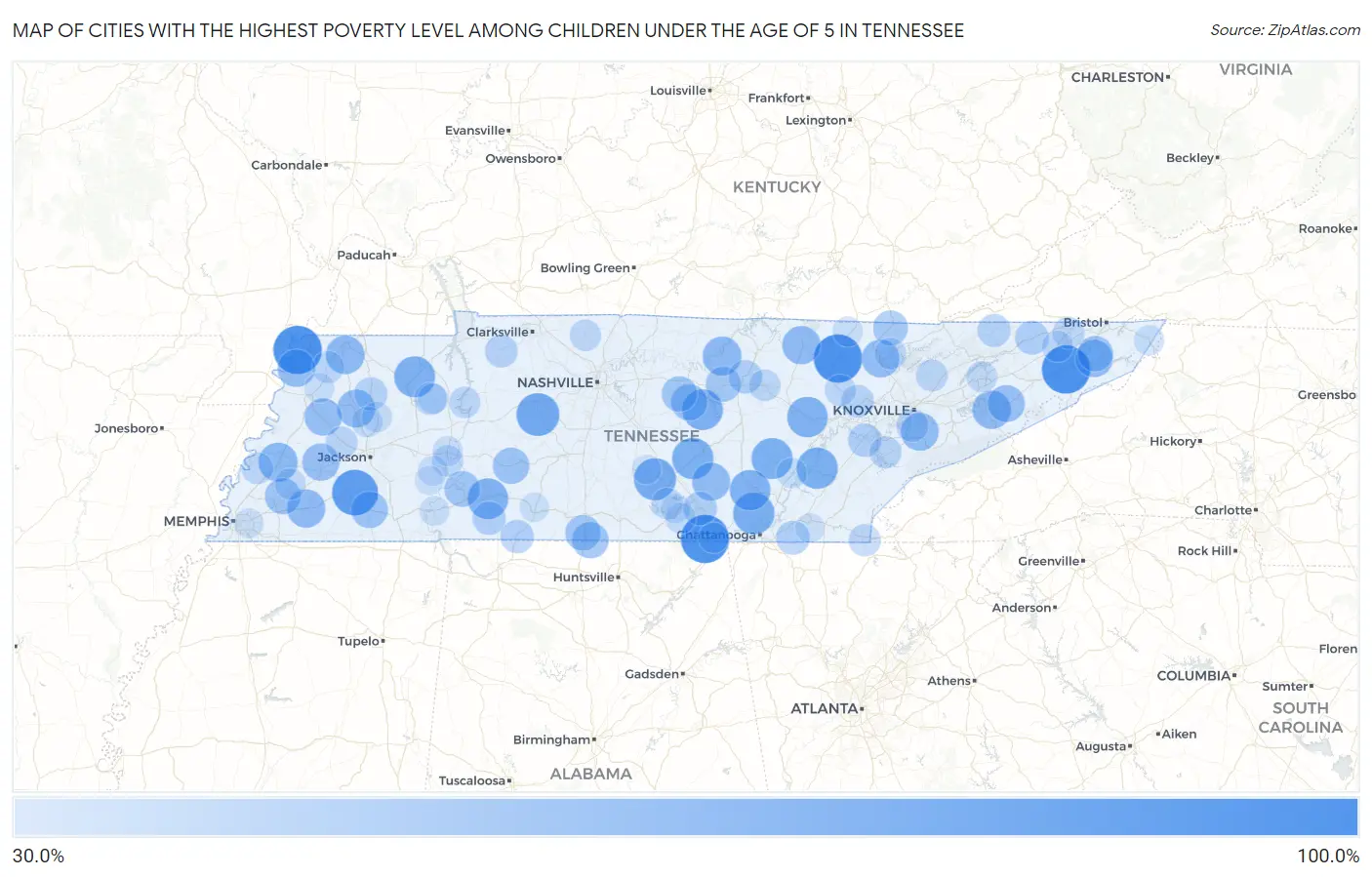 Cities with the Highest Poverty Level Among Children Under the Age of 5 in Tennessee Map