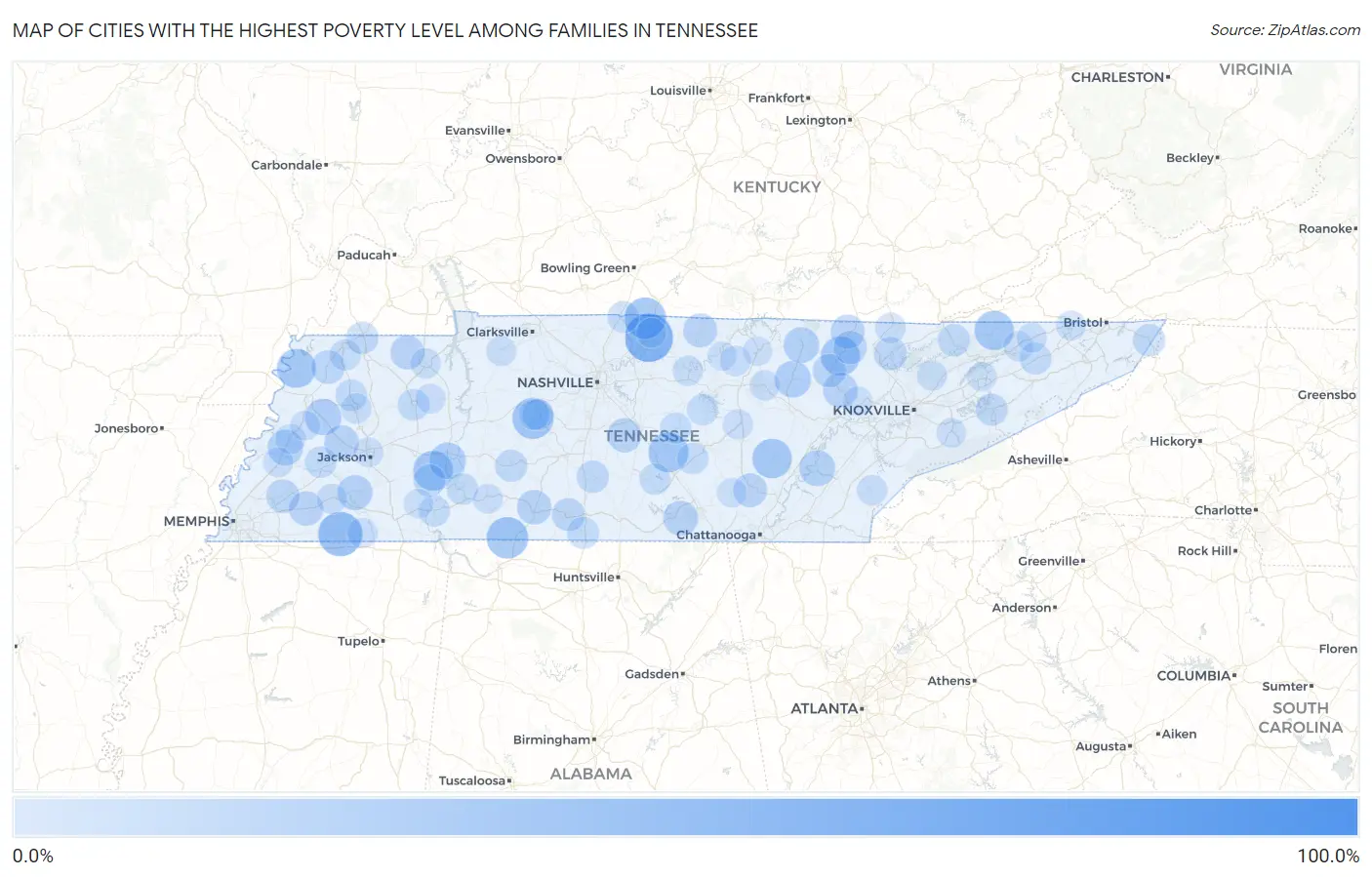 Cities with the Highest Poverty Level Among Families in Tennessee Map