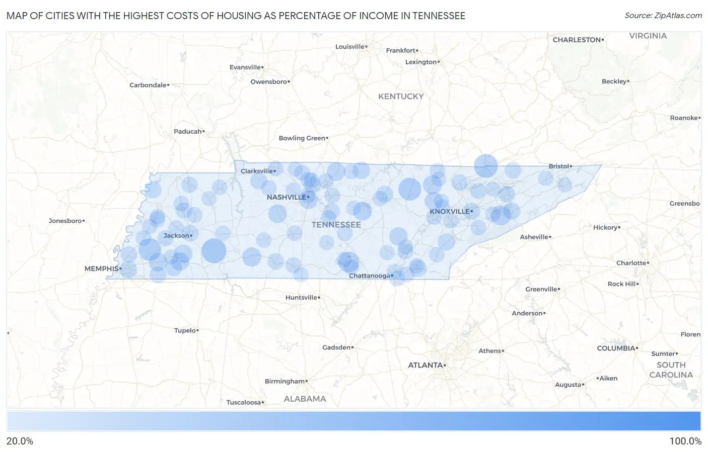 Cities with the Highest Costs of Housing as Percentage of Income in Tennessee Map