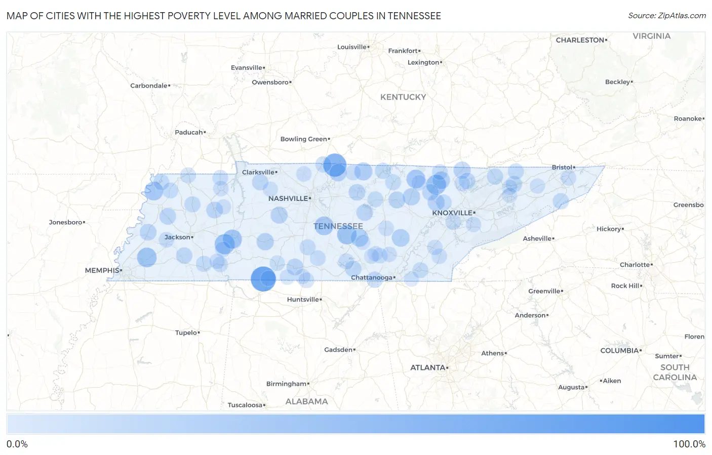 Cities with the Highest Poverty Level Among Married Couples in Tennessee Map