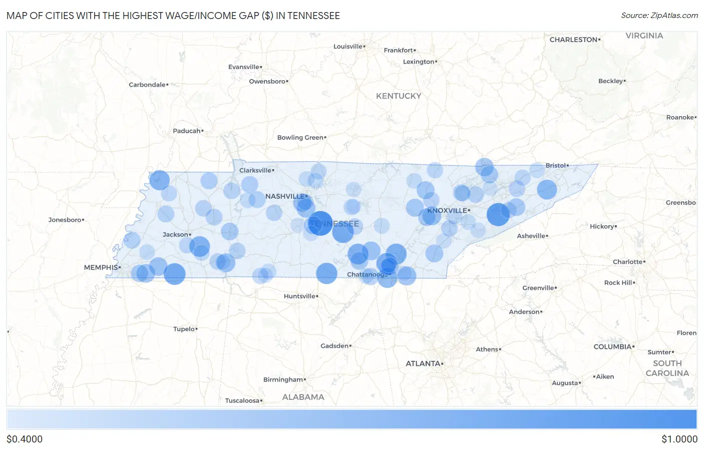 Cities with the Highest Wage/Income Gap ($) in Tennessee Map