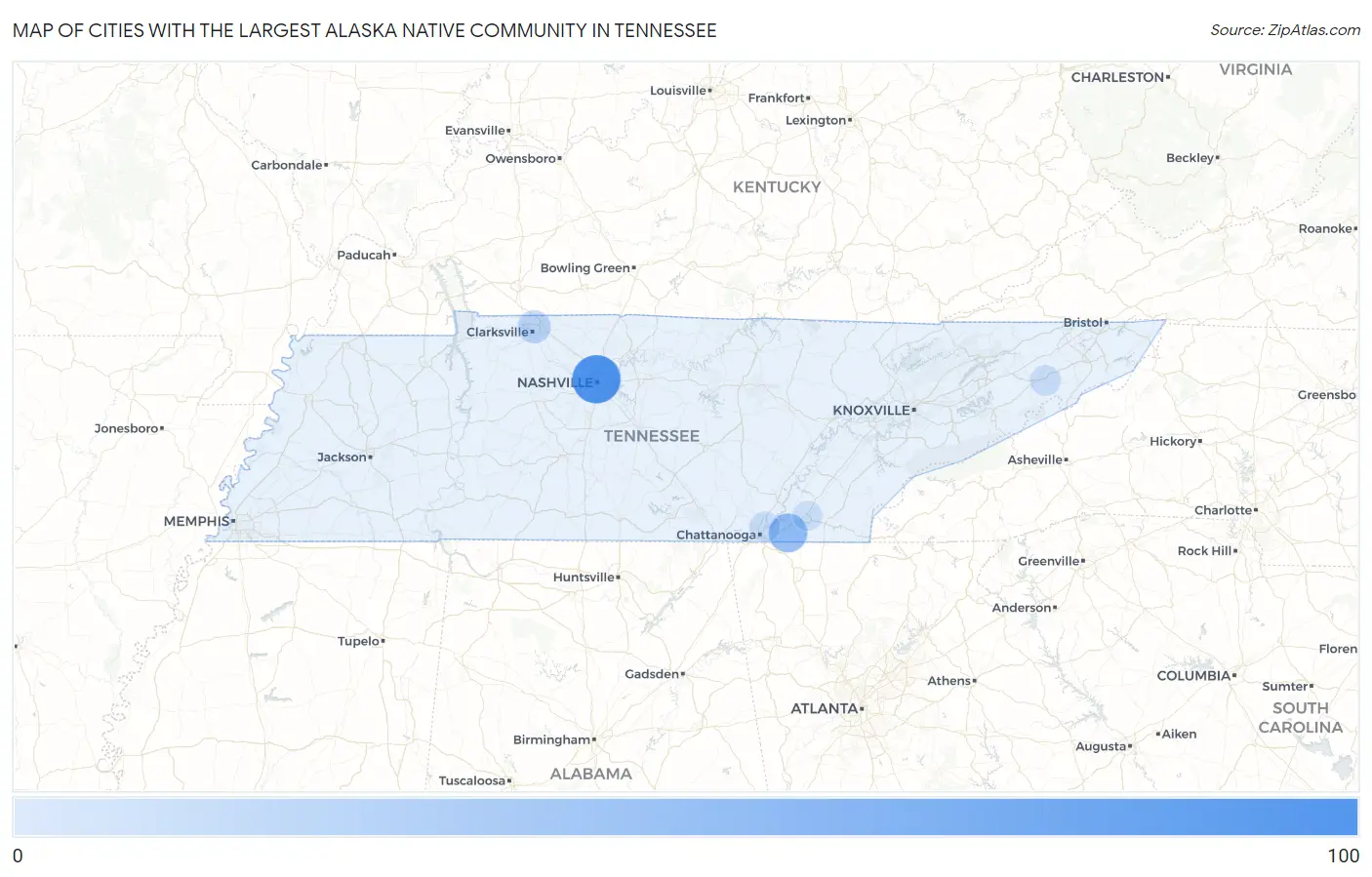 Cities with the Largest Alaska Native Community in Tennessee Map