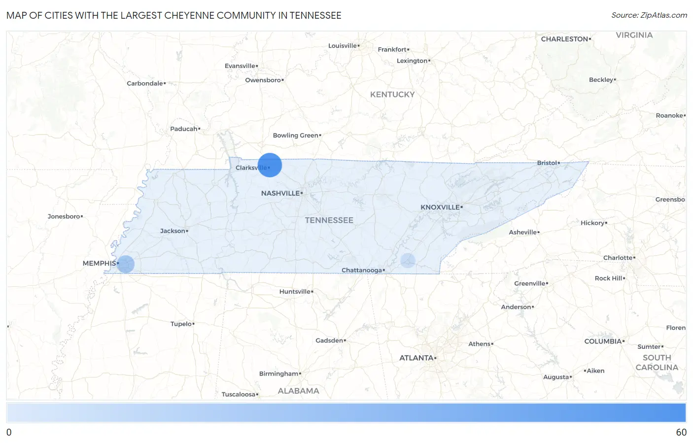 Cities with the Largest Cheyenne Community in Tennessee Map