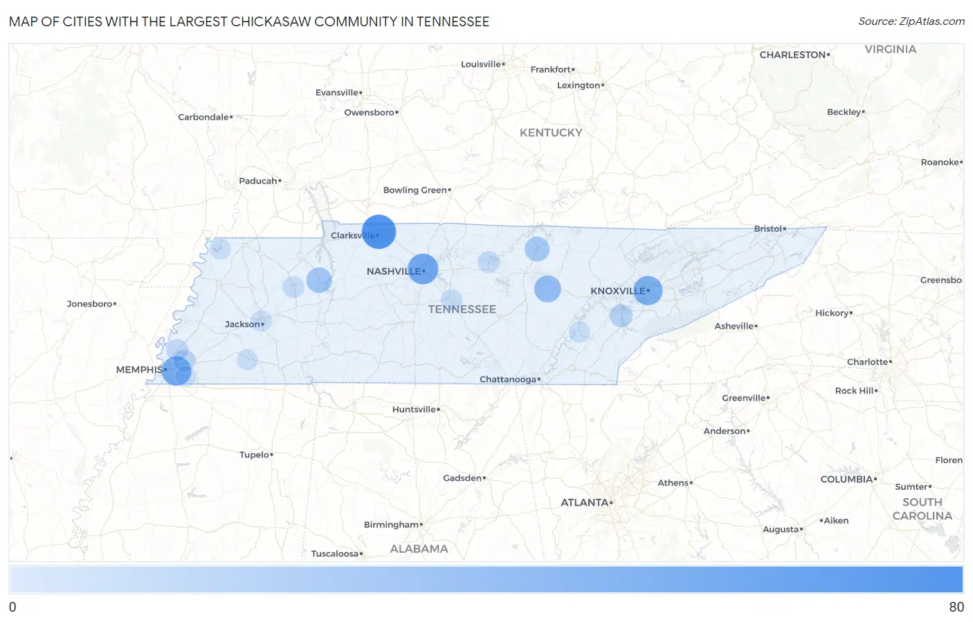 Cities with the Largest Chickasaw Community in Tennessee Map