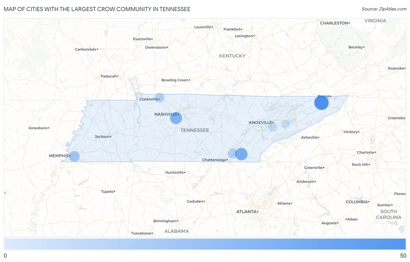 Cities with the Largest Crow Community in Tennessee Map