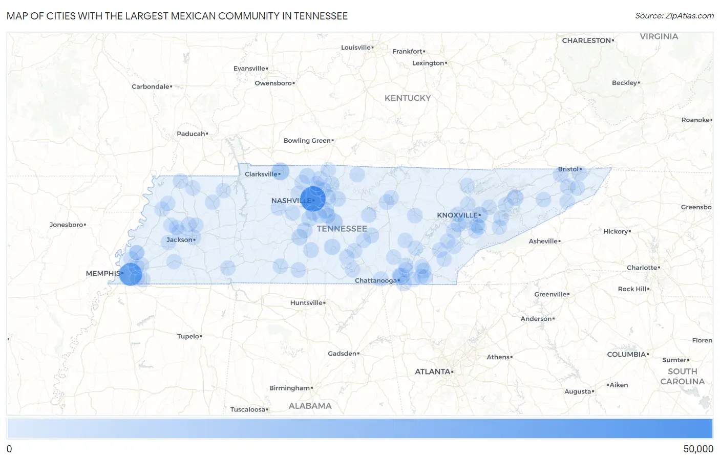 Cities with the Largest Mexican Community in Tennessee Map