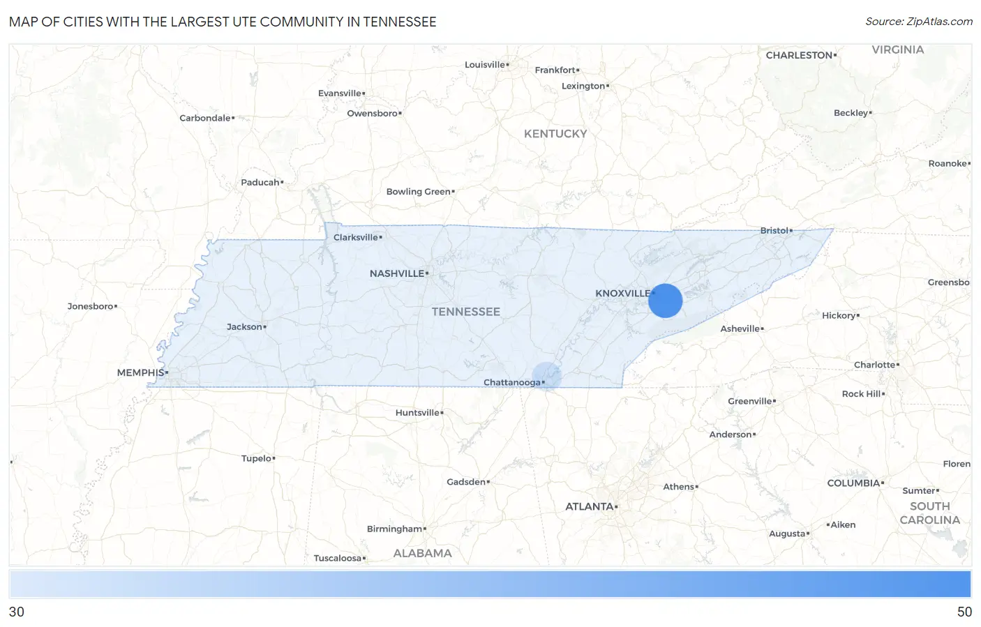 Cities with the Largest Ute Community in Tennessee Map
