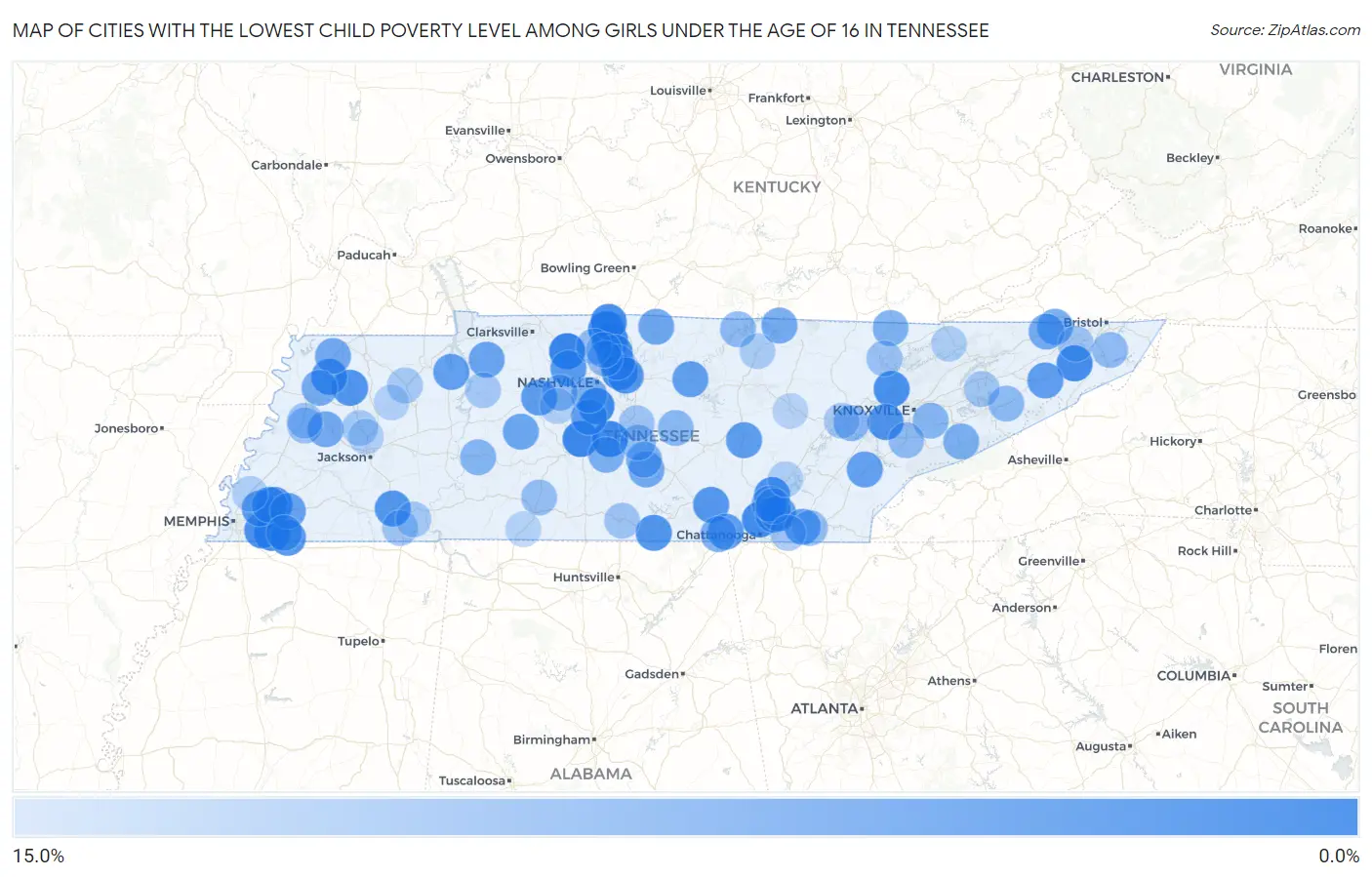 Cities with the Lowest Child Poverty Level Among Girls Under the Age of 16 in Tennessee Map