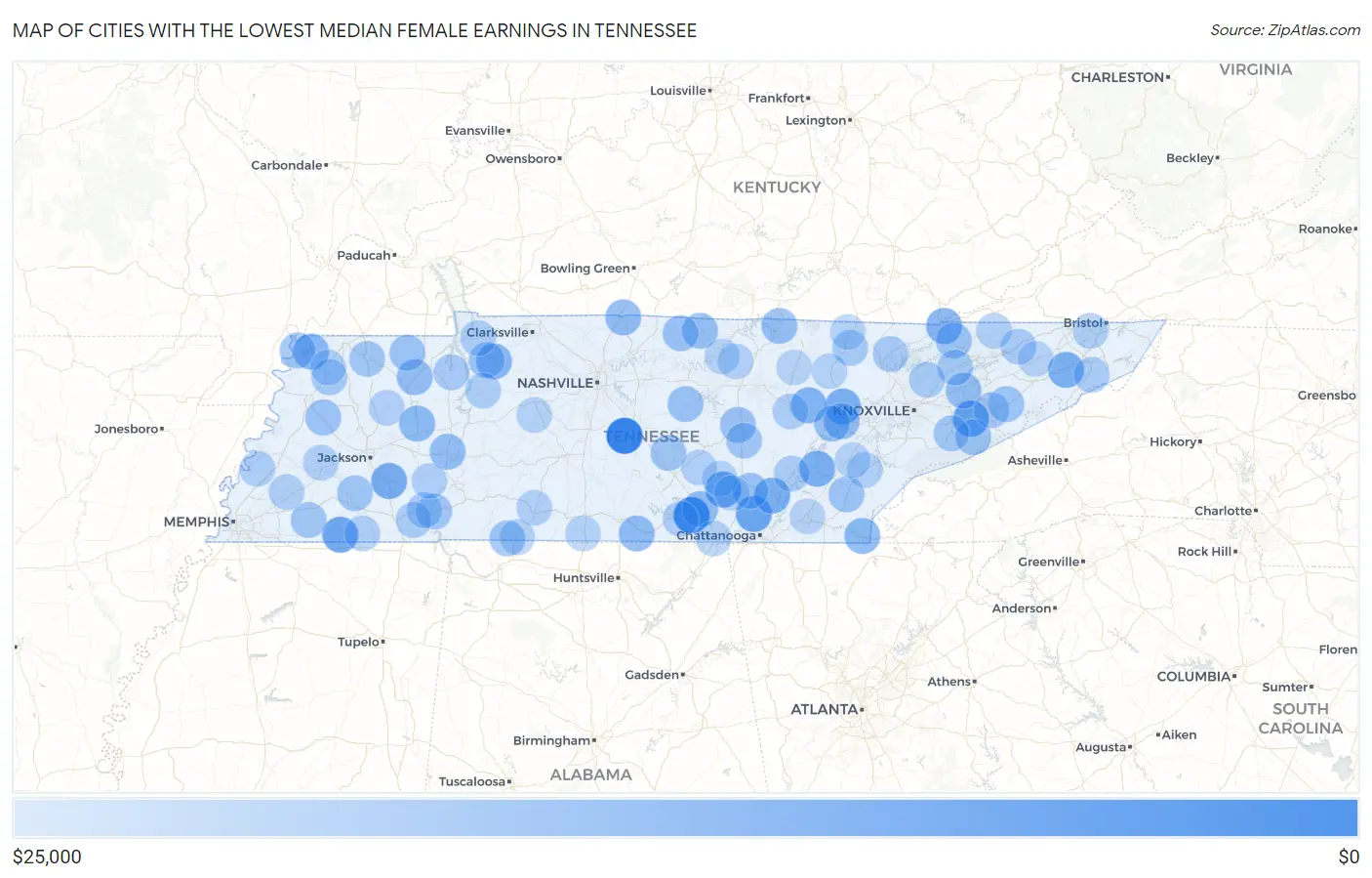 Cities with the Lowest Median Female Earnings in Tennessee Map