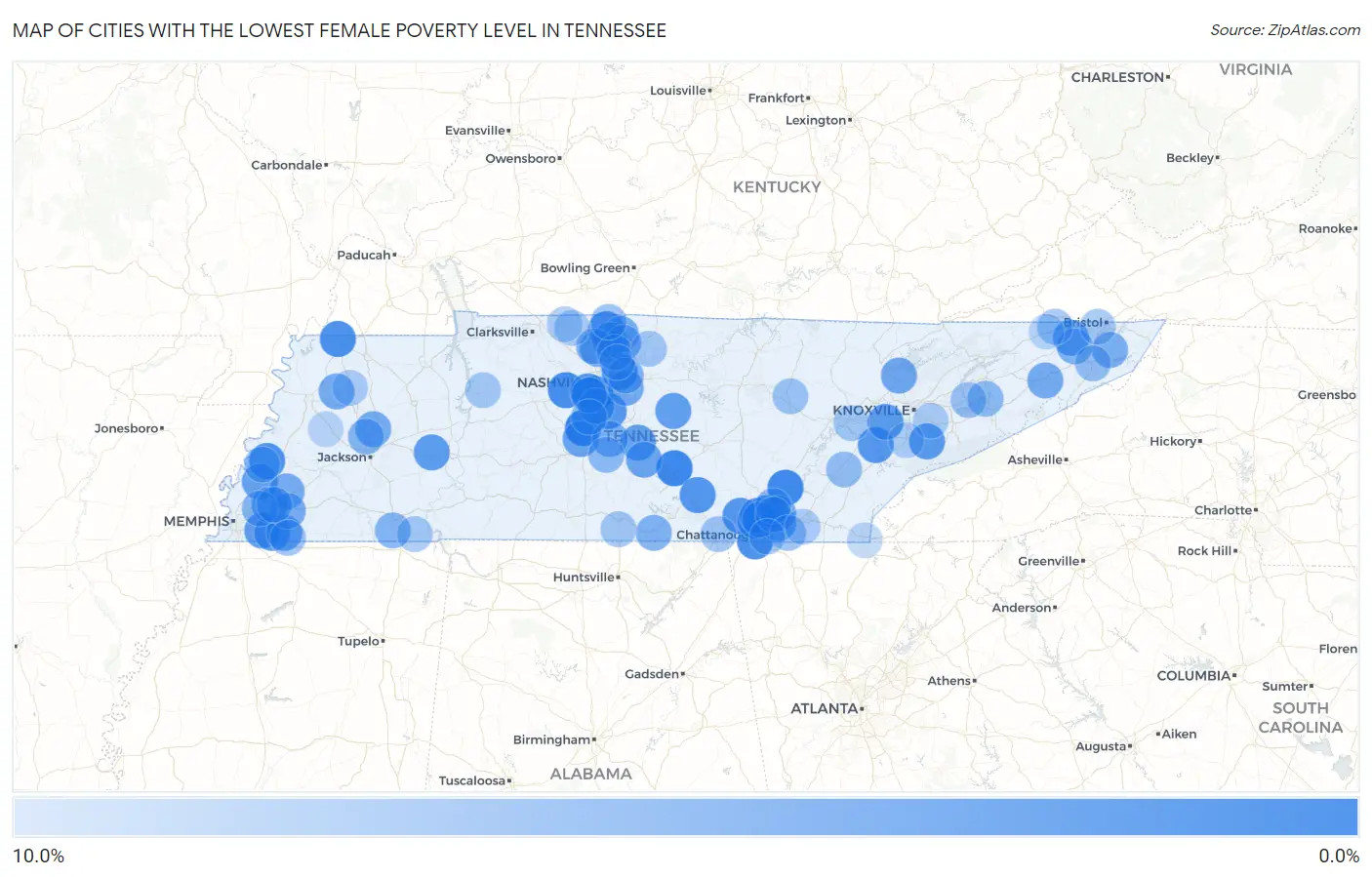 Cities with the Lowest Female Poverty Level in Tennessee Map