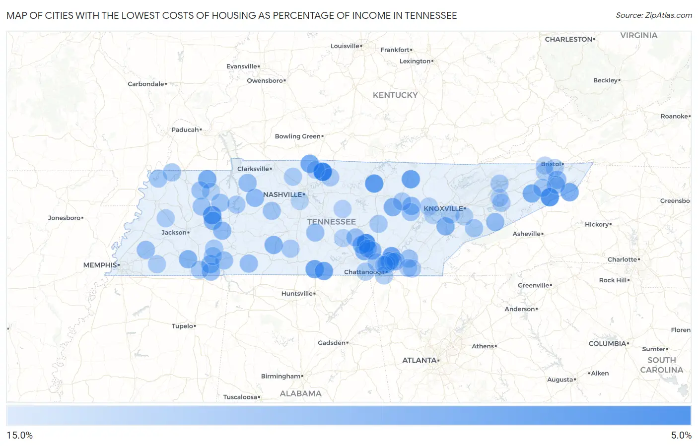 Cities with the Lowest Costs of Housing as Percentage of Income in Tennessee Map