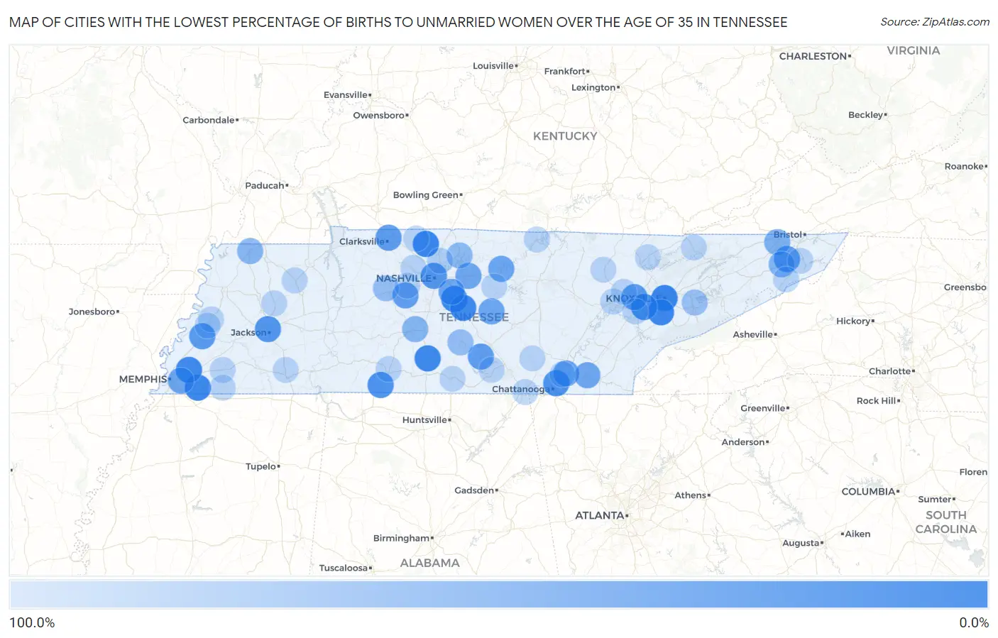 Cities with the Lowest Percentage of Births to Unmarried Women over the Age of 35 in Tennessee Map
