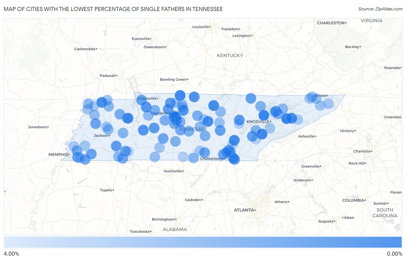 Cities with the Lowest Percentage of Single Fathers in Tennessee Map