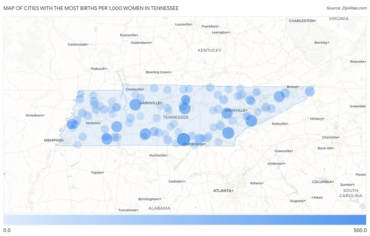 Cities with the Most Births per 1,000 Women in Tennessee Map