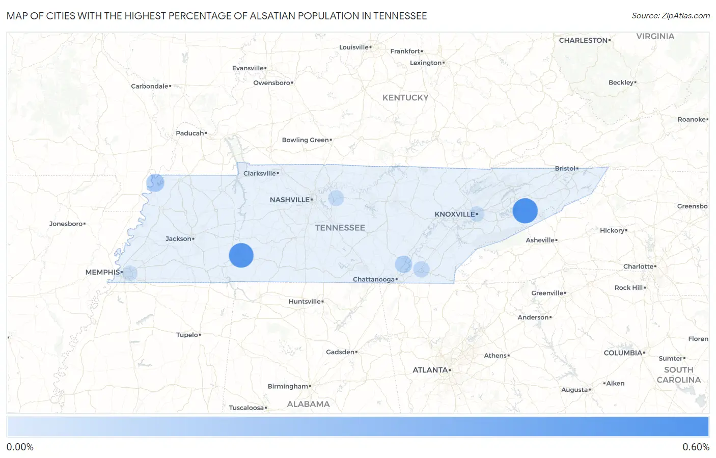 Cities with the Highest Percentage of Alsatian Population in Tennessee Map