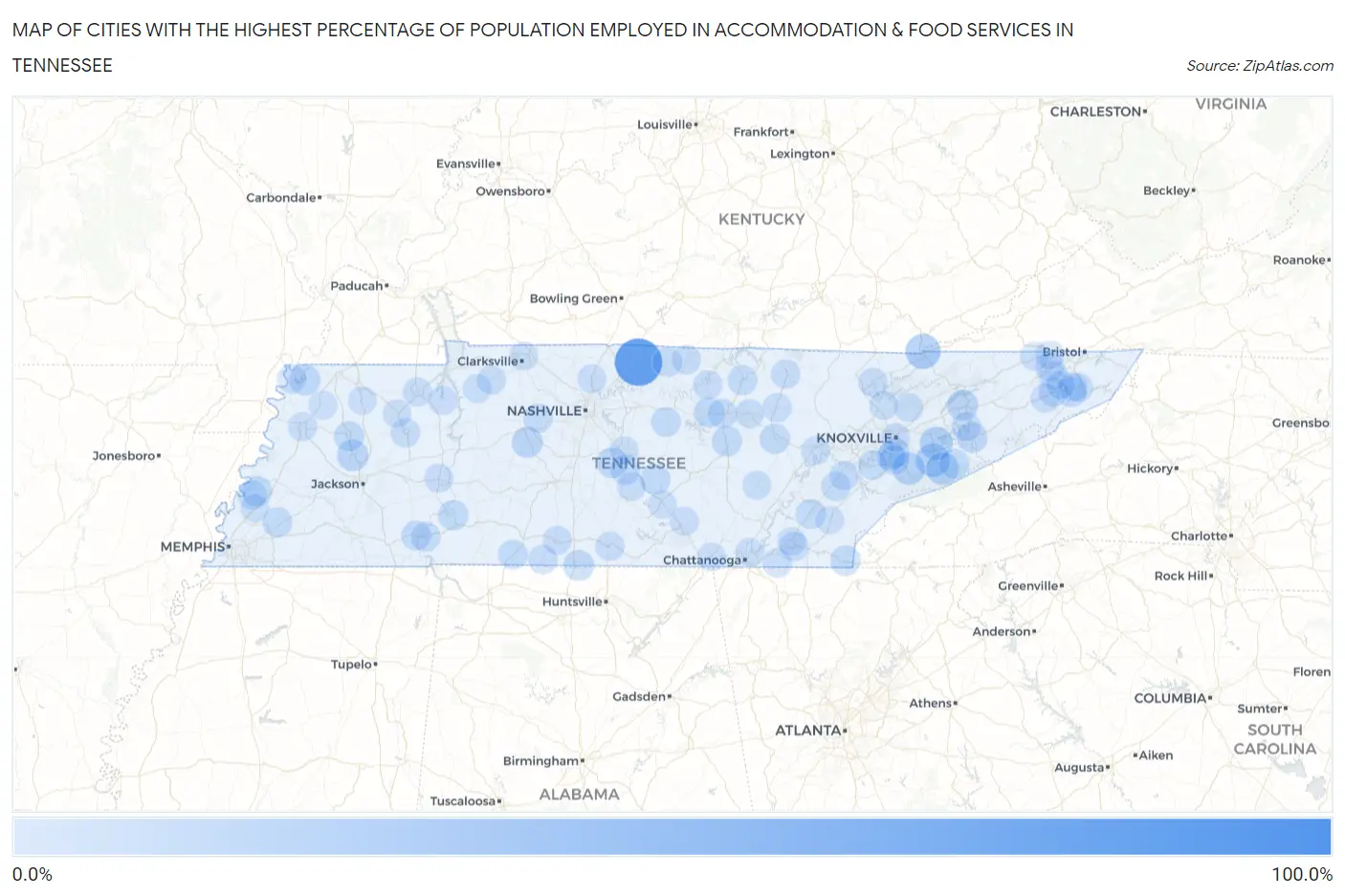 Cities with the Highest Percentage of Population Employed in Accommodation & Food Services in Tennessee Map