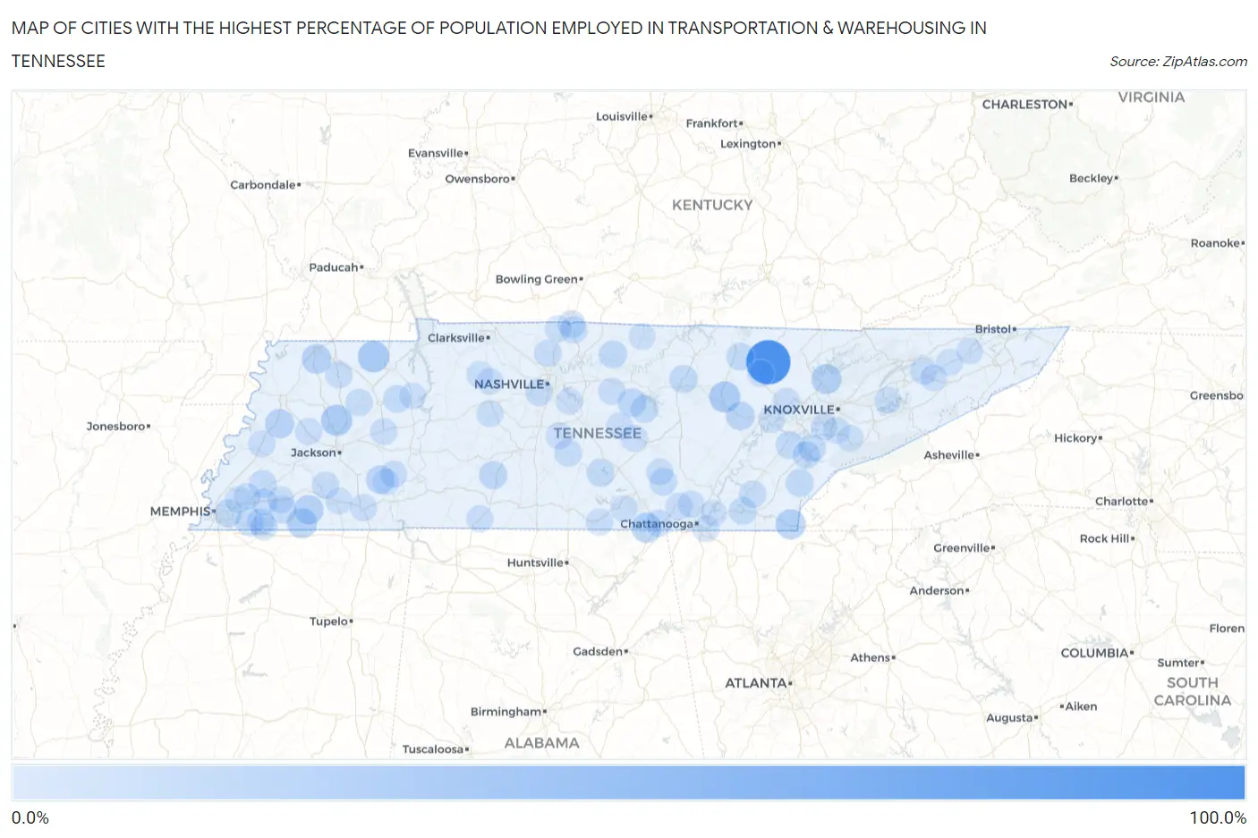 Cities with the Highest Percentage of Population Employed in Transportation & Warehousing in Tennessee Map