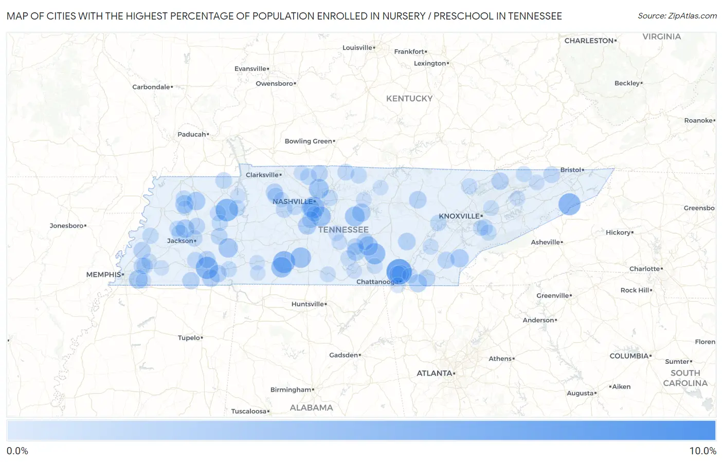 Cities with the Highest Percentage of Population Enrolled in Nursery / Preschool in Tennessee Map