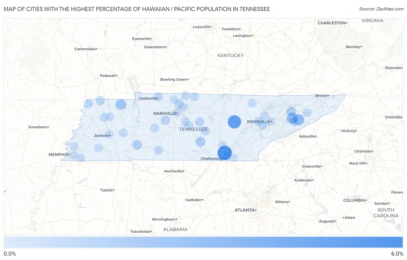 Cities with the Highest Percentage of Hawaiian / Pacific Population in Tennessee Map