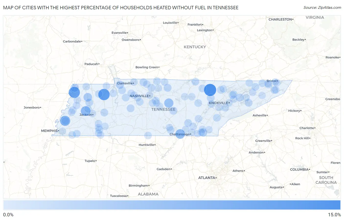 Cities with the Highest Percentage of Households Heated without Fuel in Tennessee Map