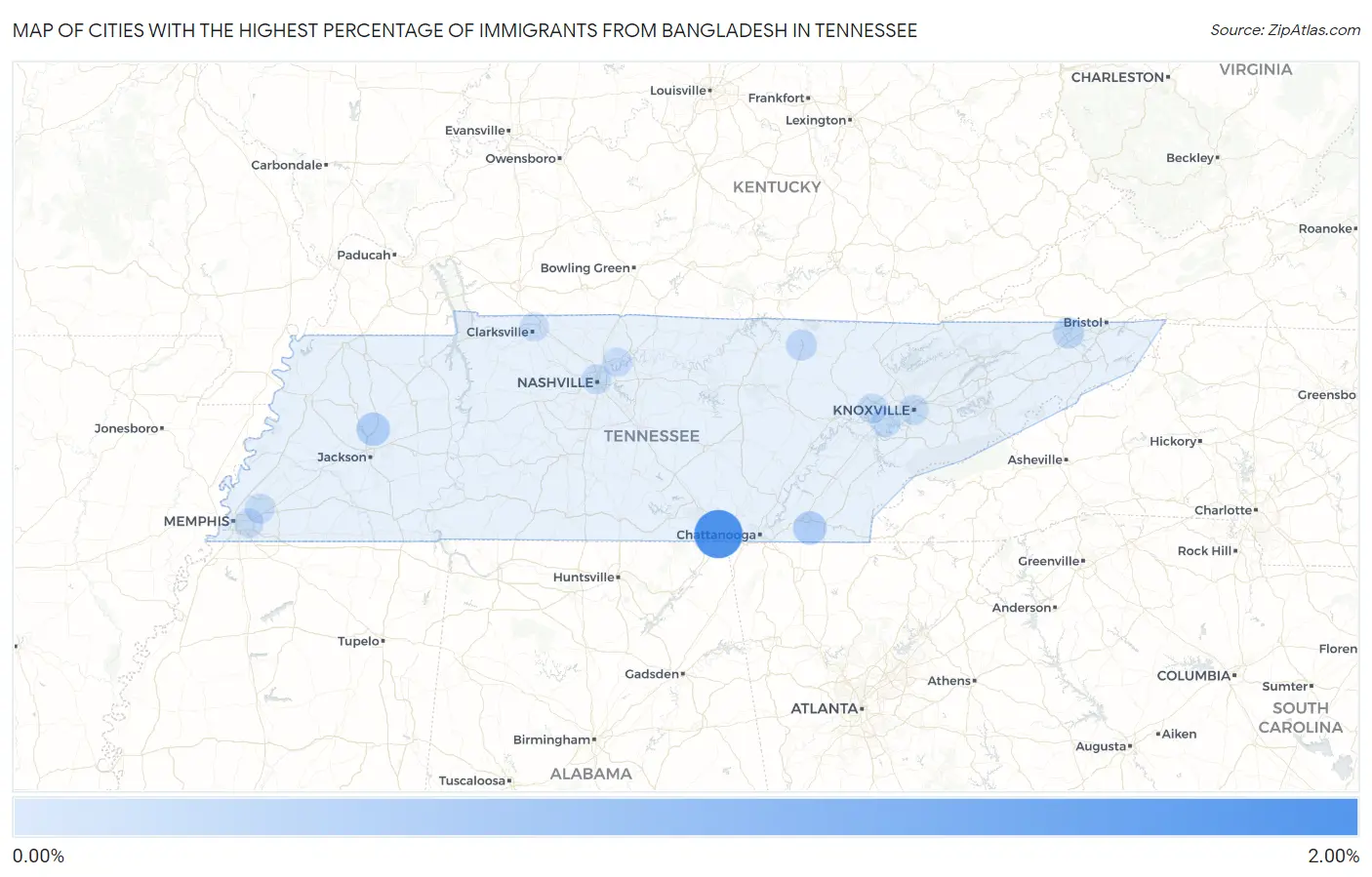 Cities with the Highest Percentage of Immigrants from Bangladesh in Tennessee Map