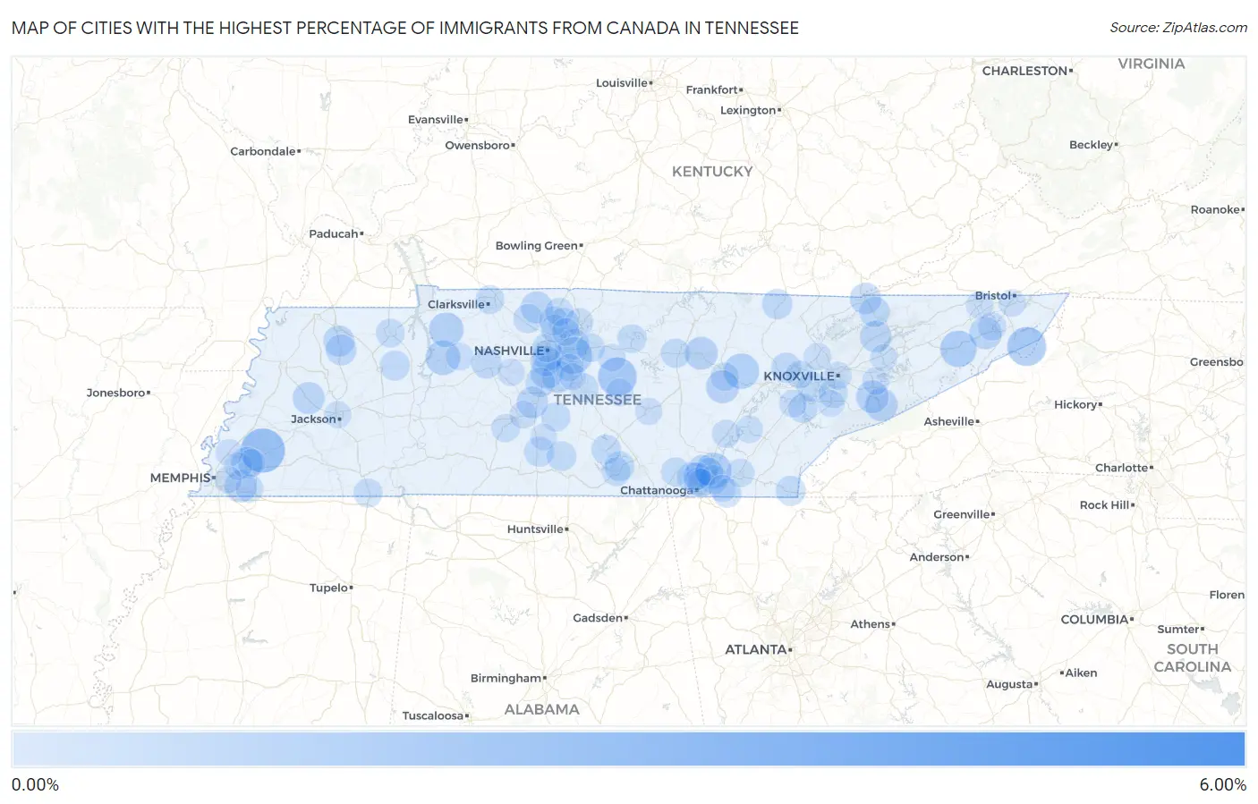 Cities with the Highest Percentage of Immigrants from Canada in Tennessee Map