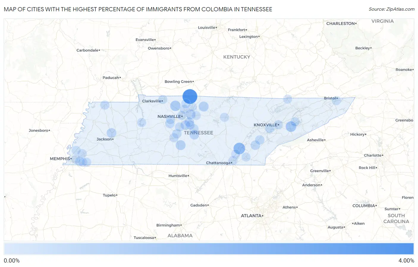Cities with the Highest Percentage of Immigrants from Colombia in Tennessee Map