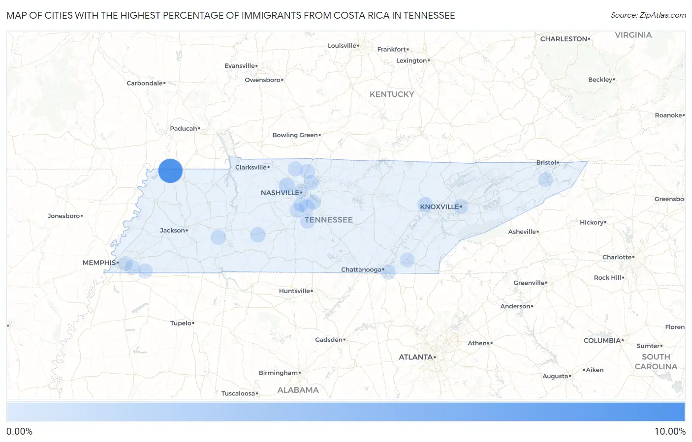 Cities with the Highest Percentage of Immigrants from Costa Rica in Tennessee Map