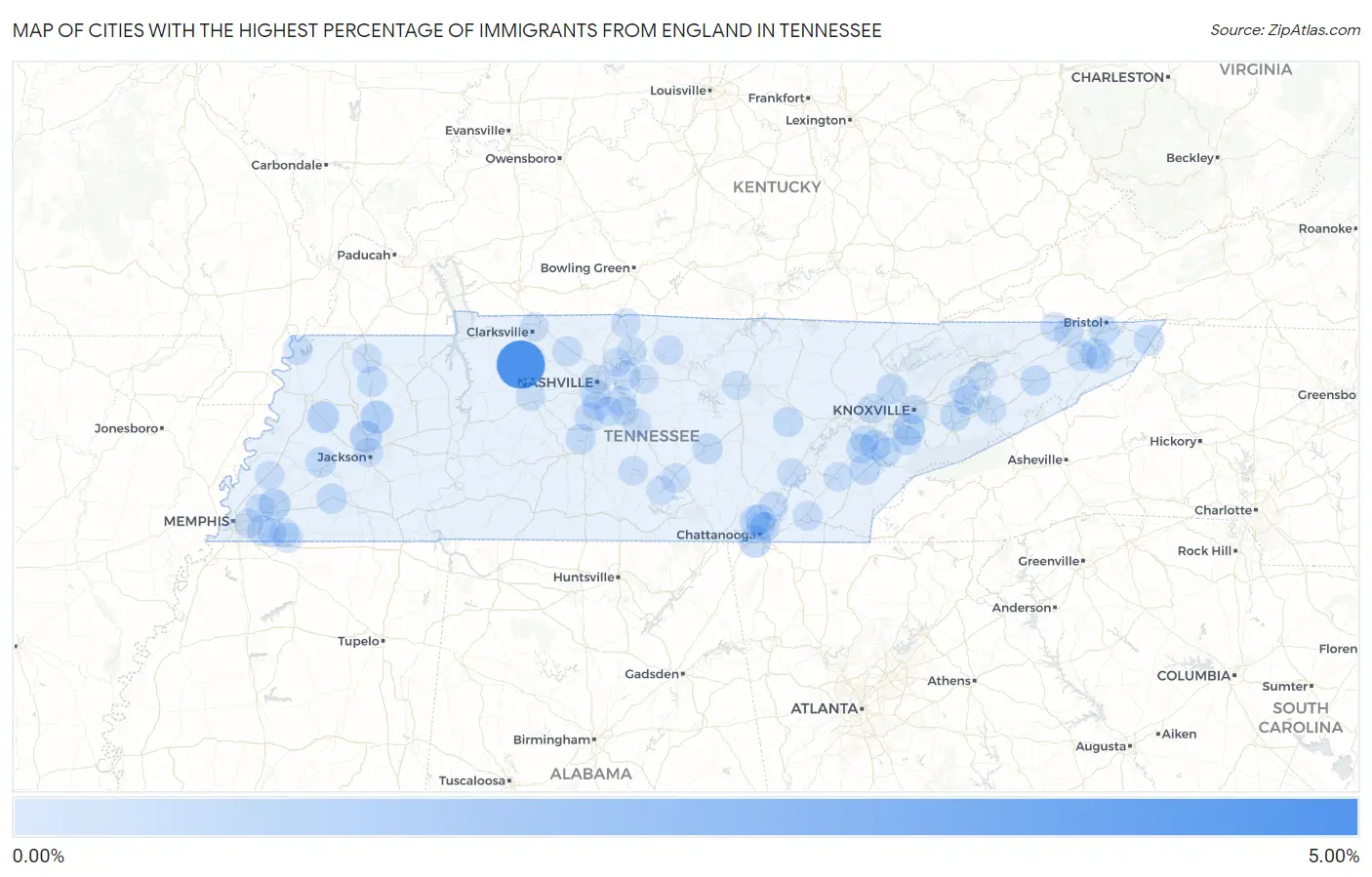 Cities with the Highest Percentage of Immigrants from England in Tennessee Map