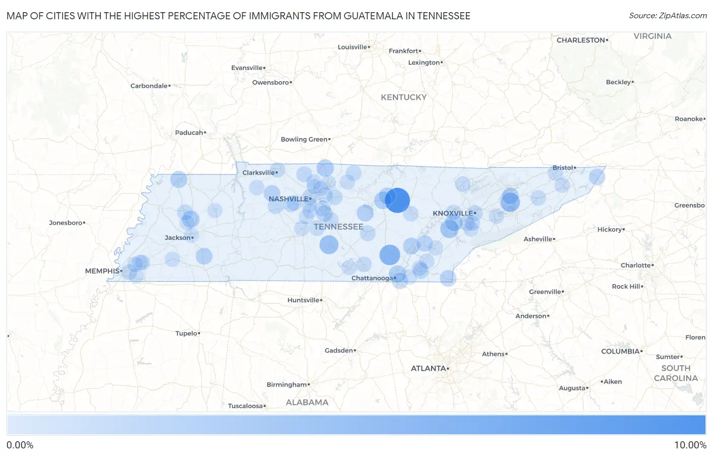 Cities with the Highest Percentage of Immigrants from Guatemala in Tennessee Map