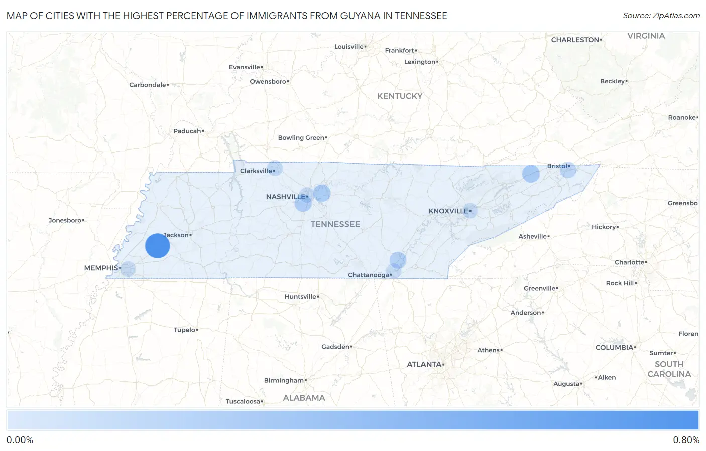 Cities with the Highest Percentage of Immigrants from Guyana in Tennessee Map