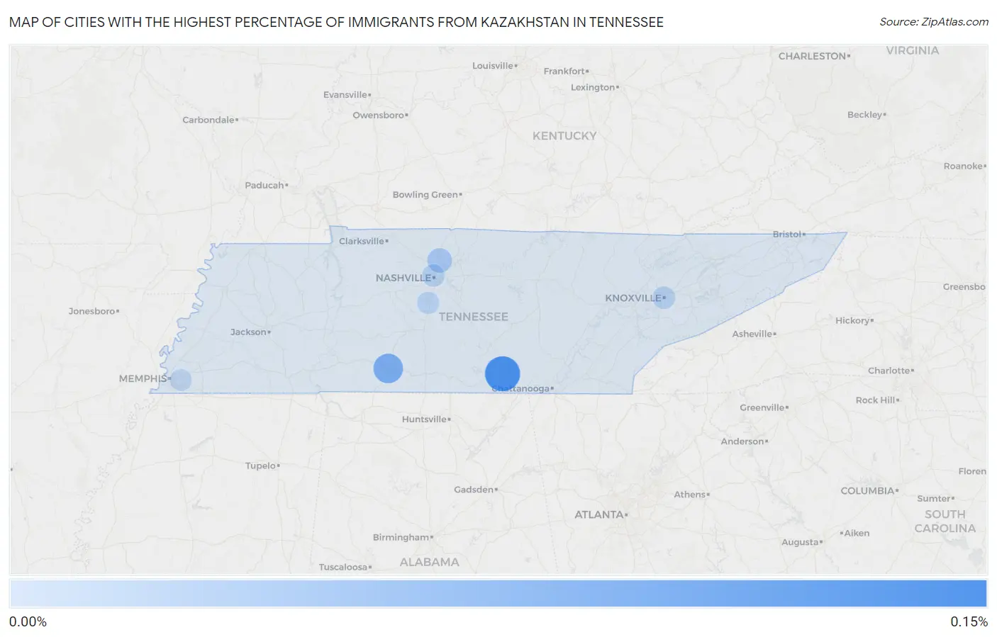 Cities with the Highest Percentage of Immigrants from Kazakhstan in Tennessee Map