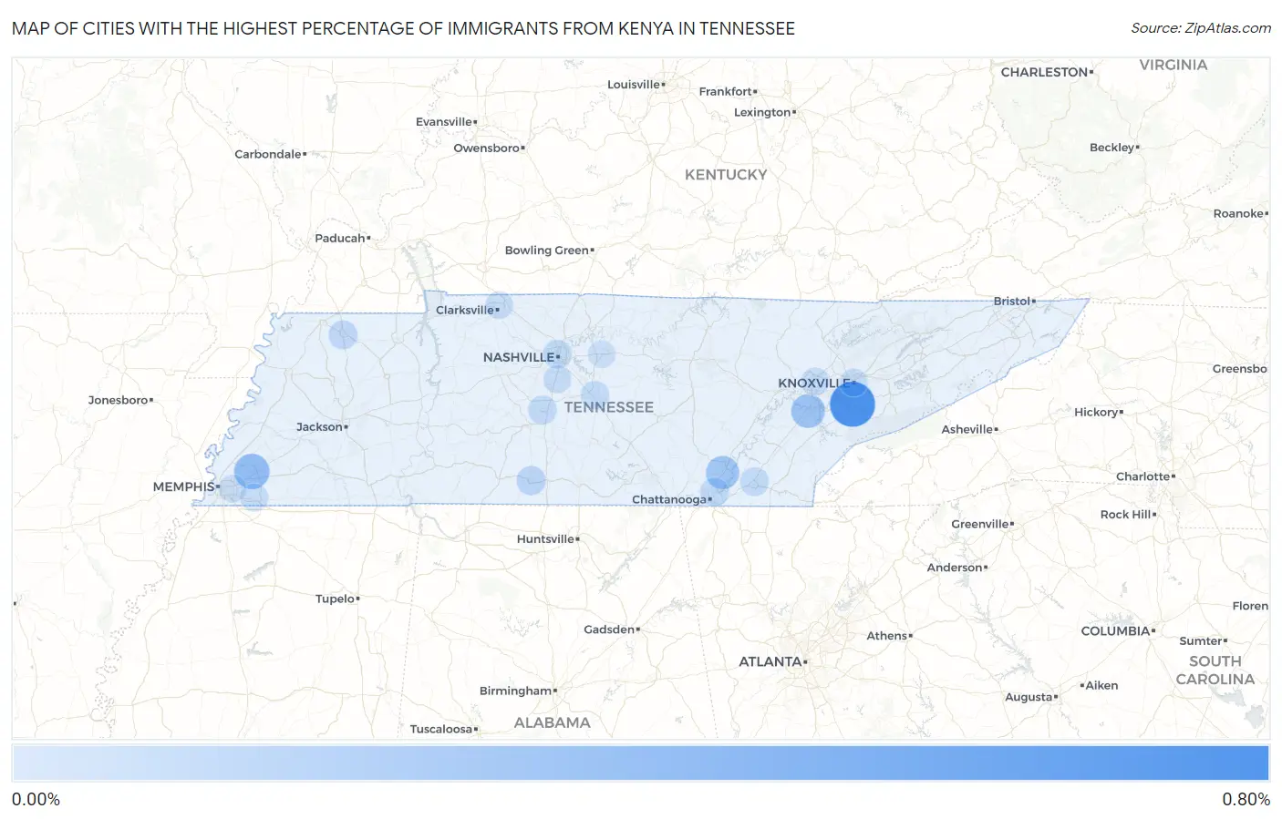 Cities with the Highest Percentage of Immigrants from Kenya in Tennessee Map