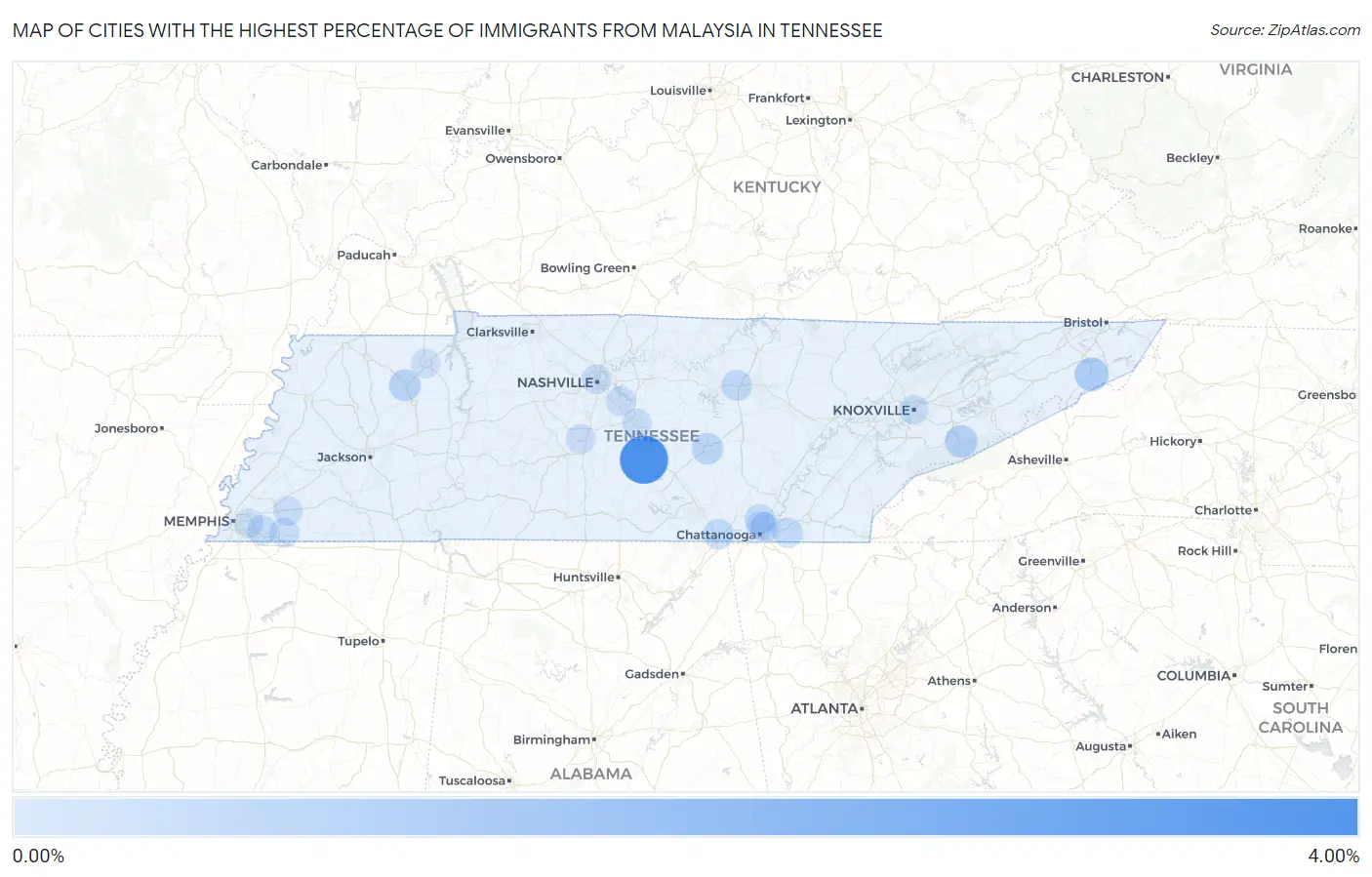 Cities with the Highest Percentage of Immigrants from Malaysia in Tennessee Map