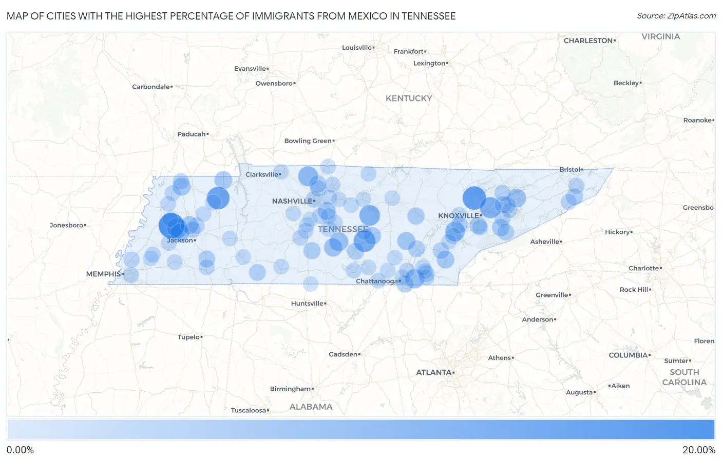 Cities with the Highest Percentage of Immigrants from Mexico in Tennessee Map