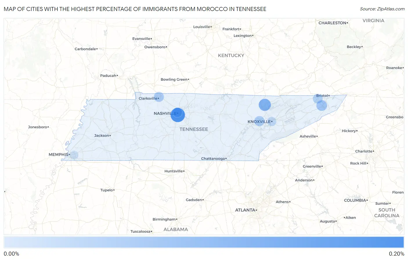 Cities with the Highest Percentage of Immigrants from Morocco in Tennessee Map