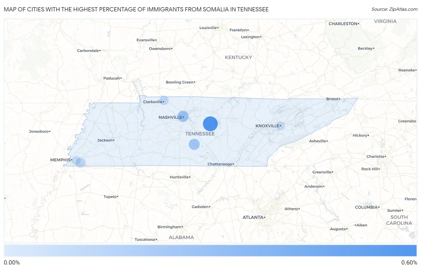 Cities with the Highest Percentage of Immigrants from Somalia in Tennessee Map
