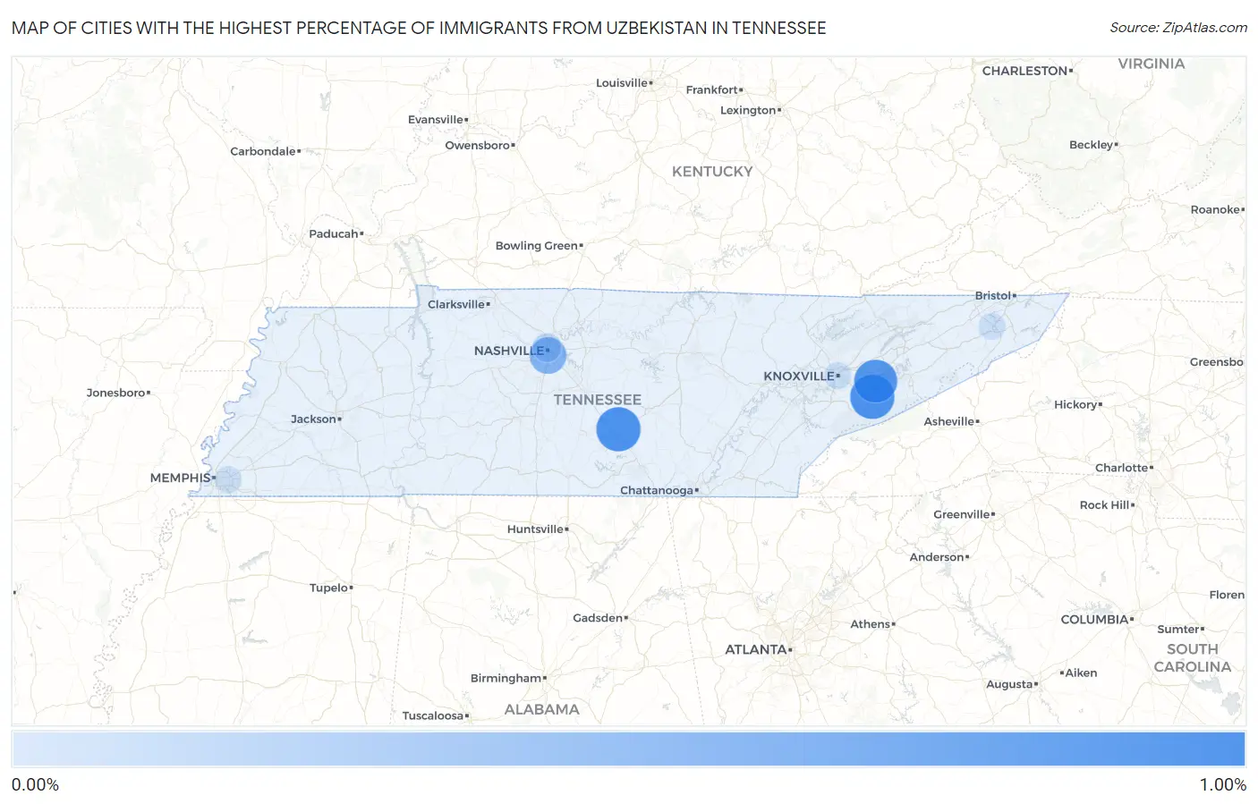 Cities with the Highest Percentage of Immigrants from Uzbekistan in Tennessee Map