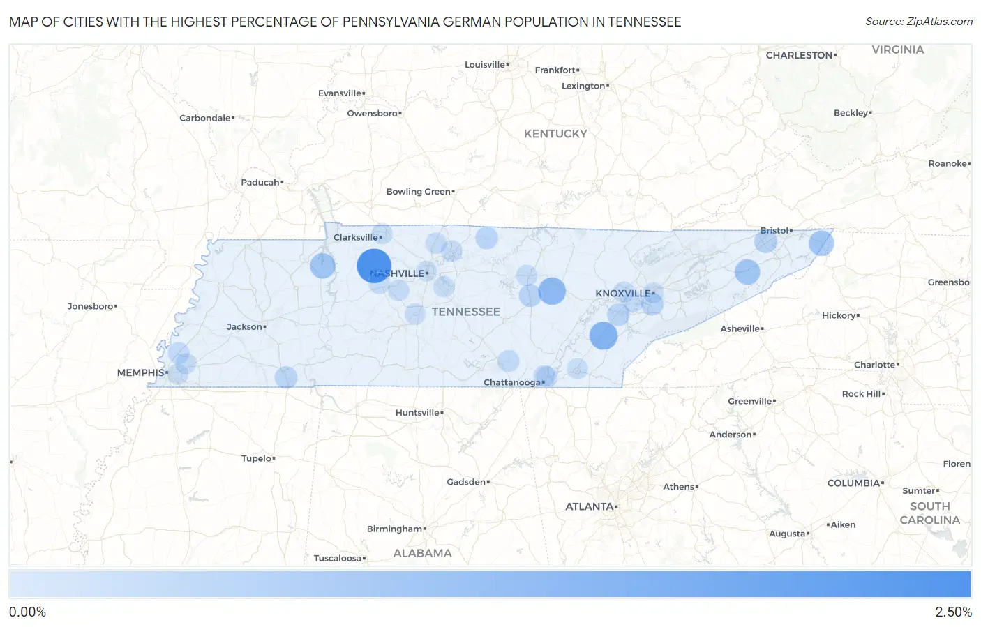 Cities with the Highest Percentage of Pennsylvania German Population in Tennessee Map