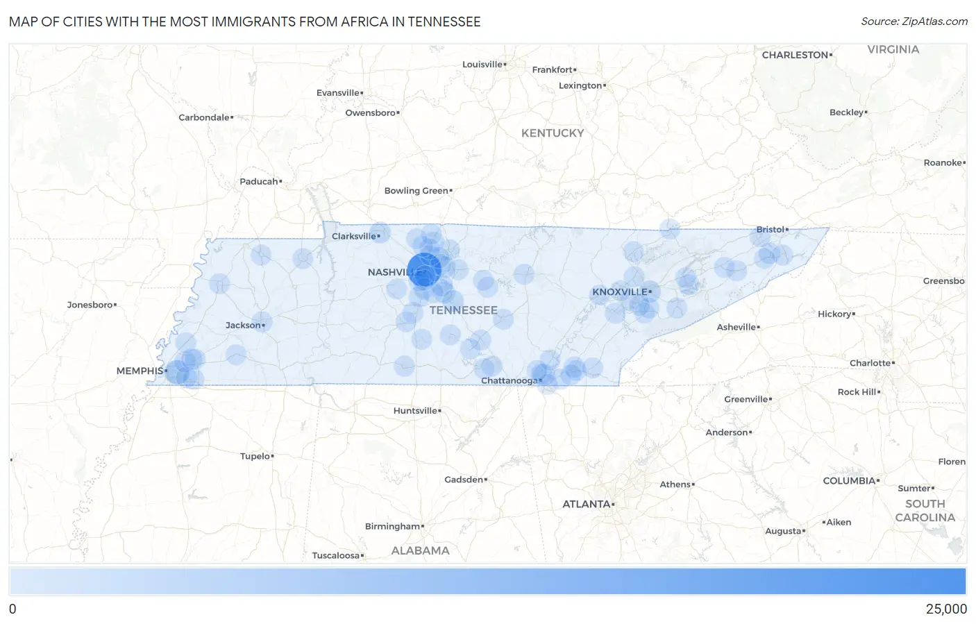 Cities with the Most Immigrants from Africa in Tennessee Map