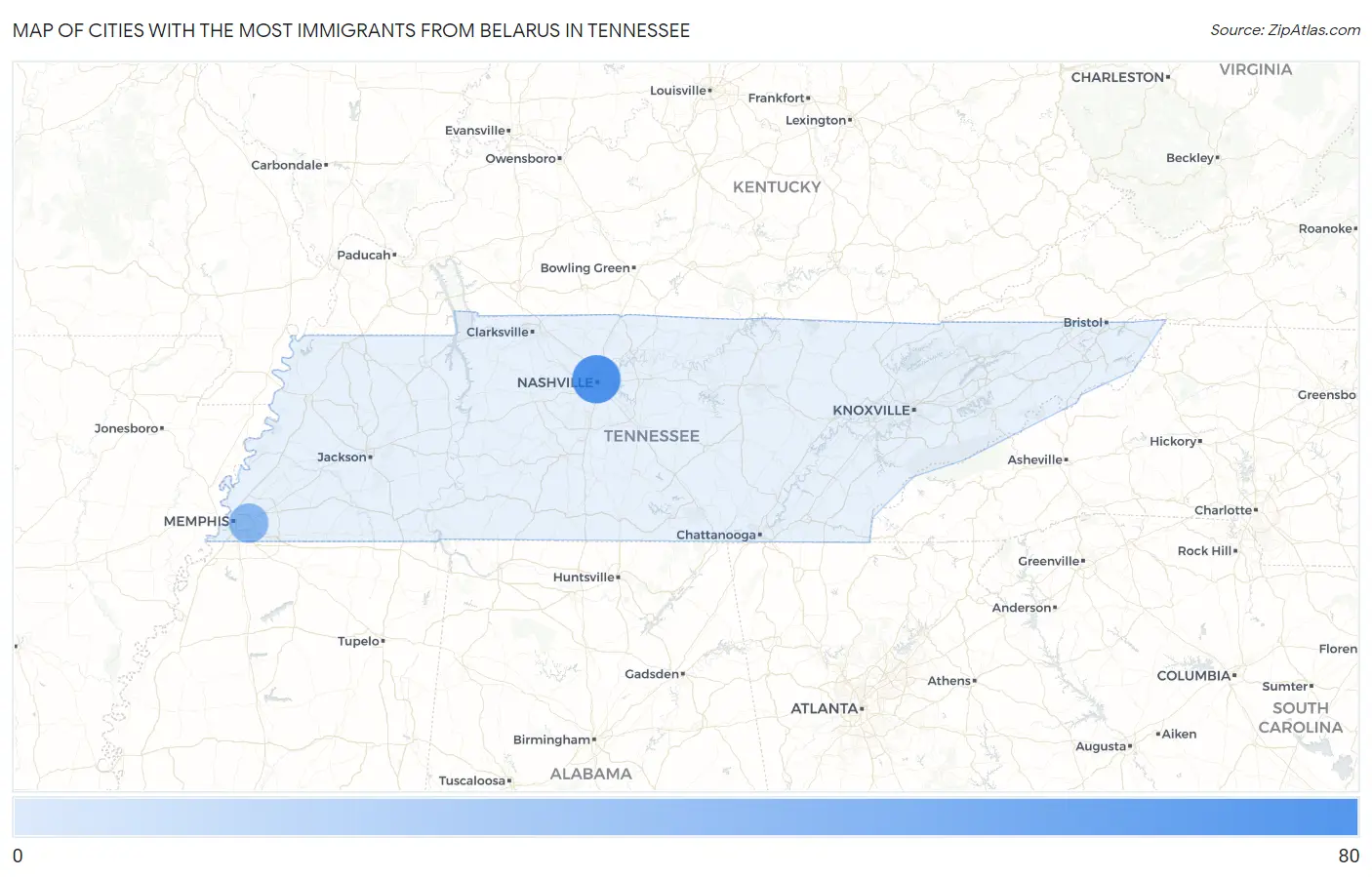 Cities with the Most Immigrants from Belarus in Tennessee Map