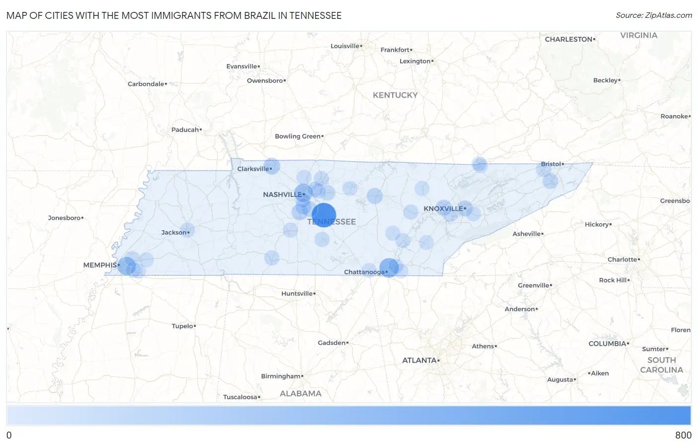 Cities with the Most Immigrants from Brazil in Tennessee Map