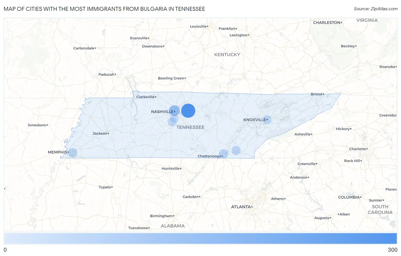 Cities with the Most Immigrants from Bulgaria in Tennessee Map