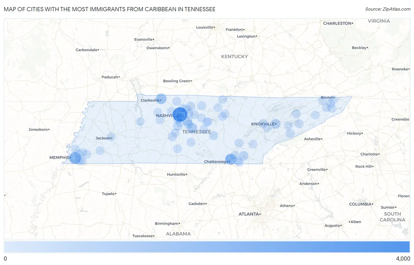 Cities with the Most Immigrants from Caribbean in Tennessee Map