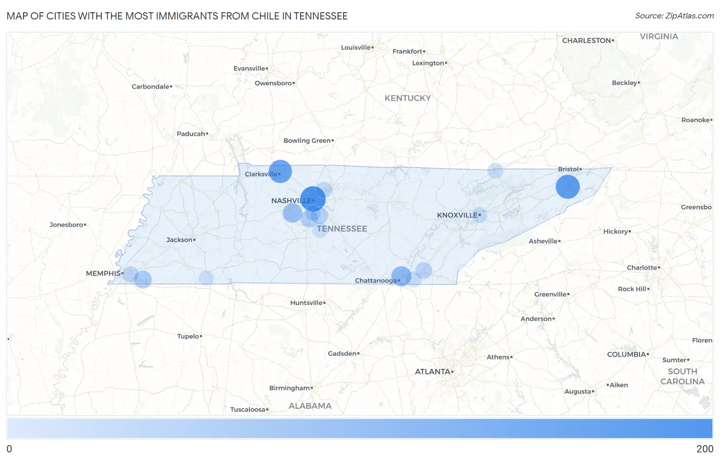Cities with the Most Immigrants from Chile in Tennessee Map