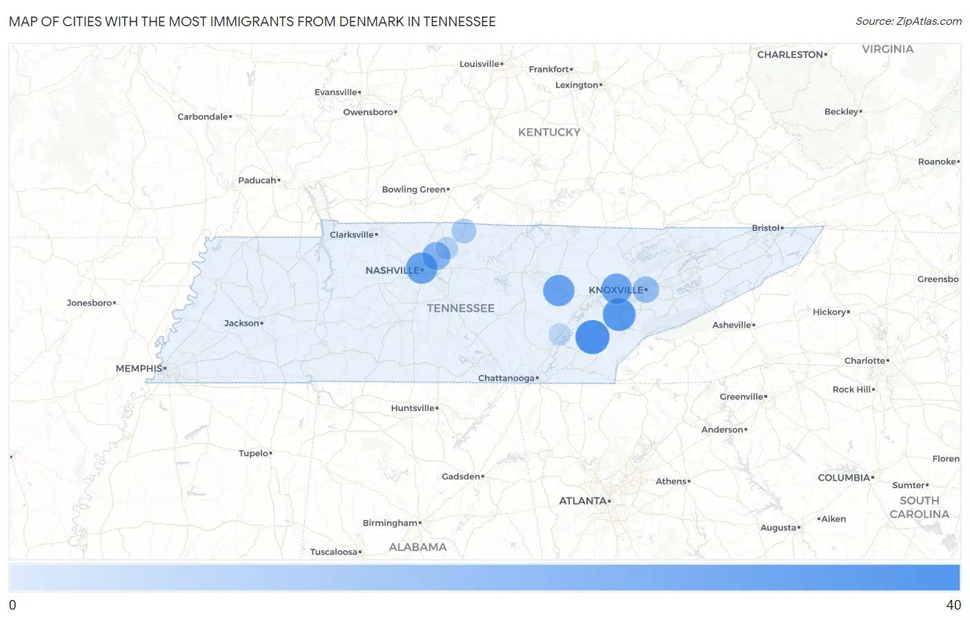 Cities with the Most Immigrants from Denmark in Tennessee Map
