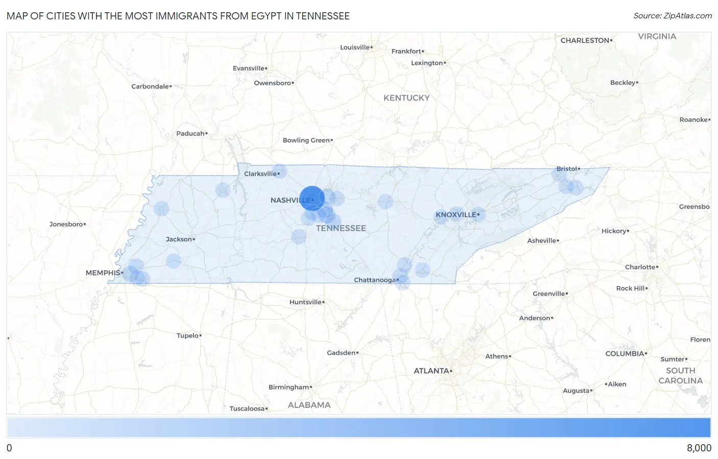 Cities with the Most Immigrants from Egypt in Tennessee Map