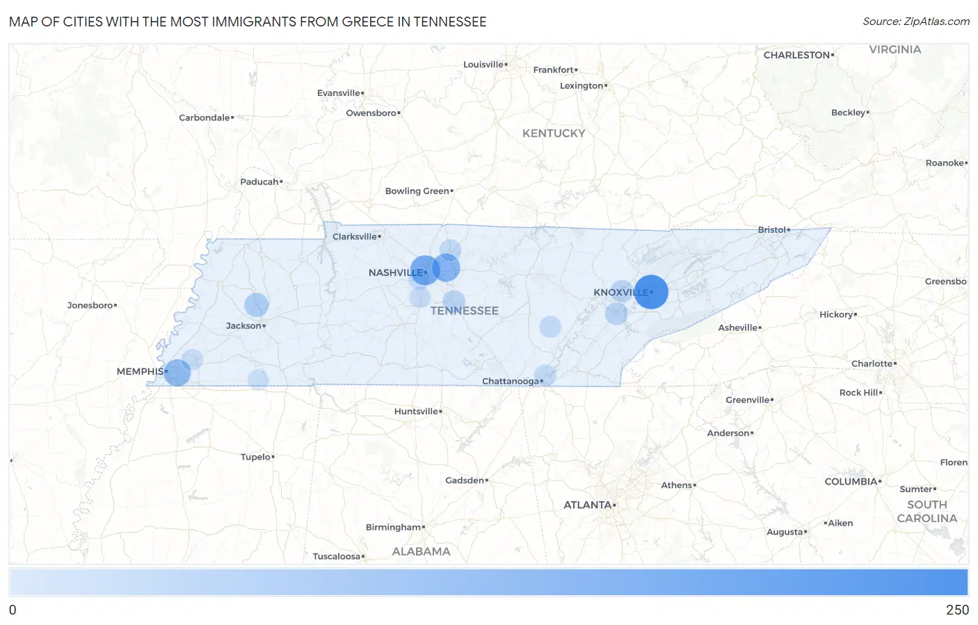 Cities with the Most Immigrants from Greece in Tennessee Map