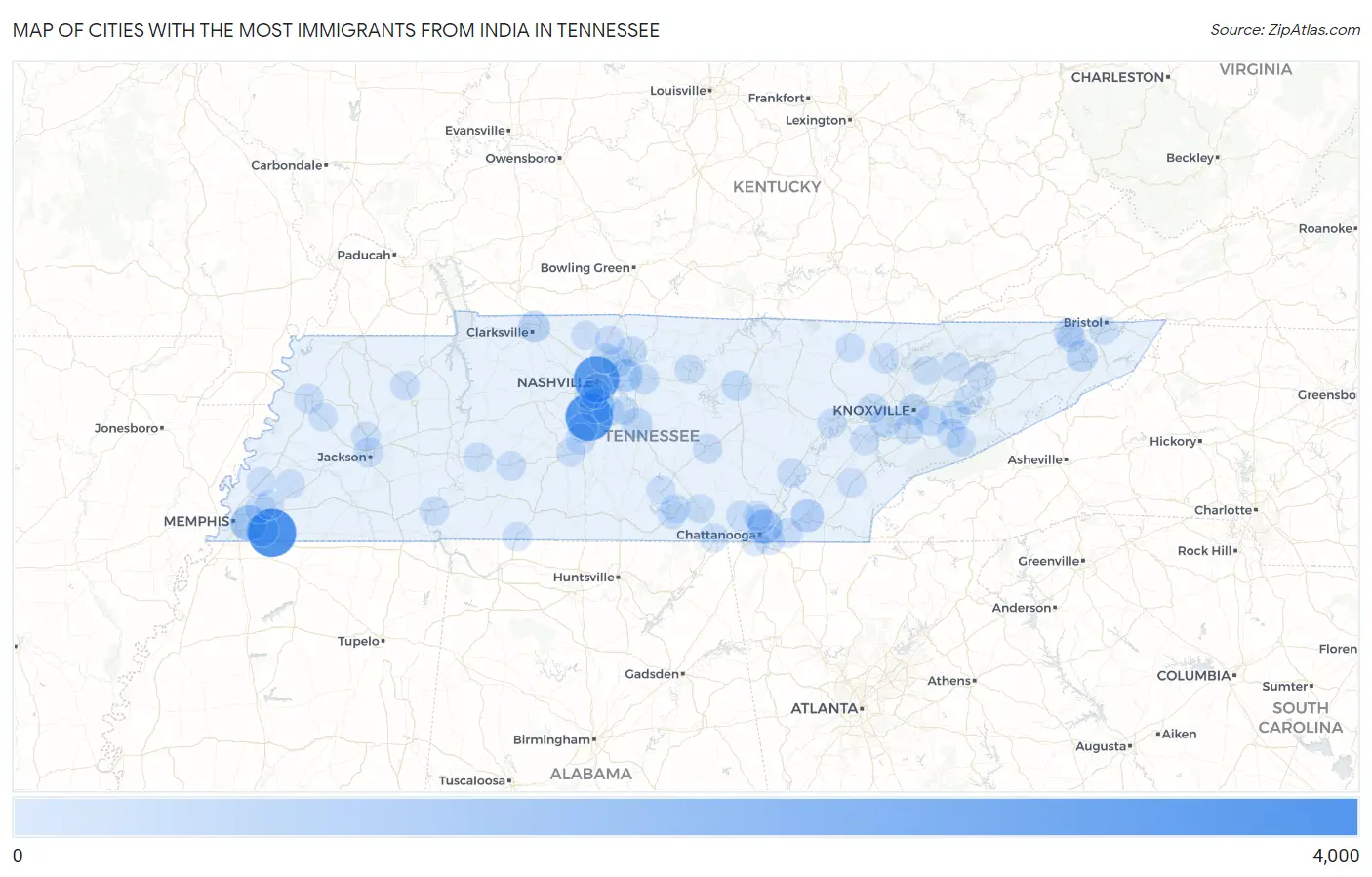Cities with the Most Immigrants from India in Tennessee Map